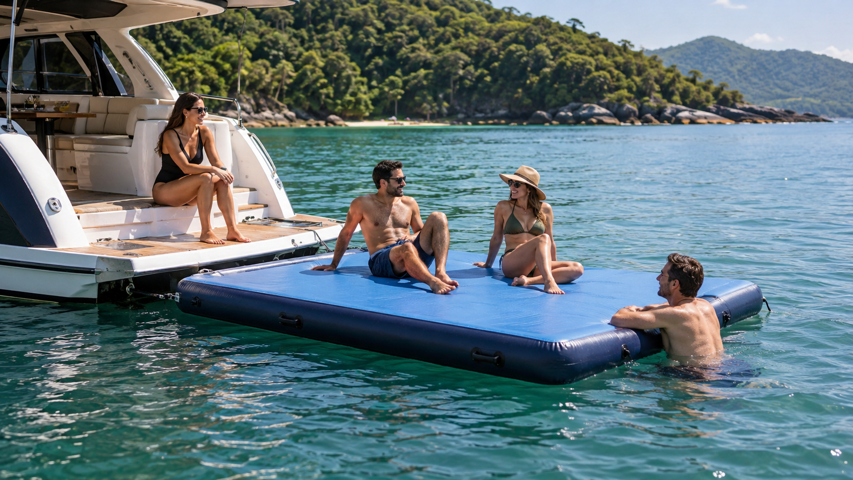 Plataforma flutuante azul ao lado de uma lancha, com pessoas aproveitando o espaço sobre a água.
