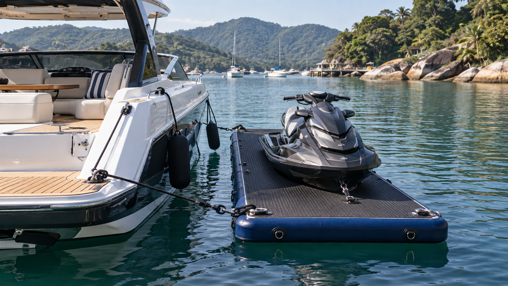 Jet Ski estacionado sobre uma plataforma flutuante escura ao lado de uma embarcação.