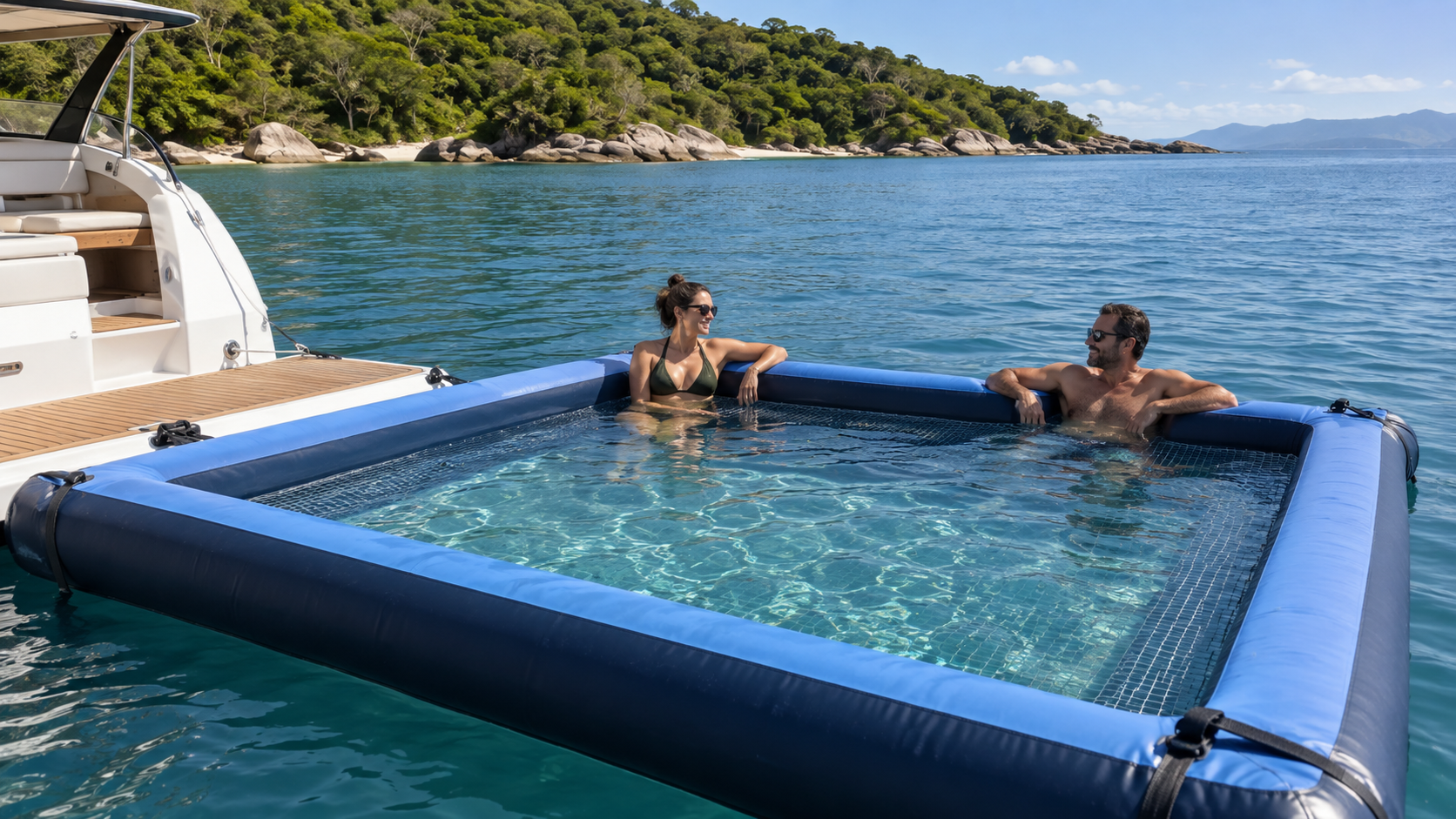Piscina flutuante azul com rede central junto a uma embarcação em águas tranquilas.