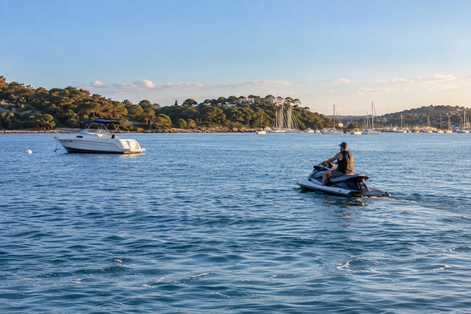 Condutor de jet ski navegando em baixa velocidade diante de barcos ancorados.