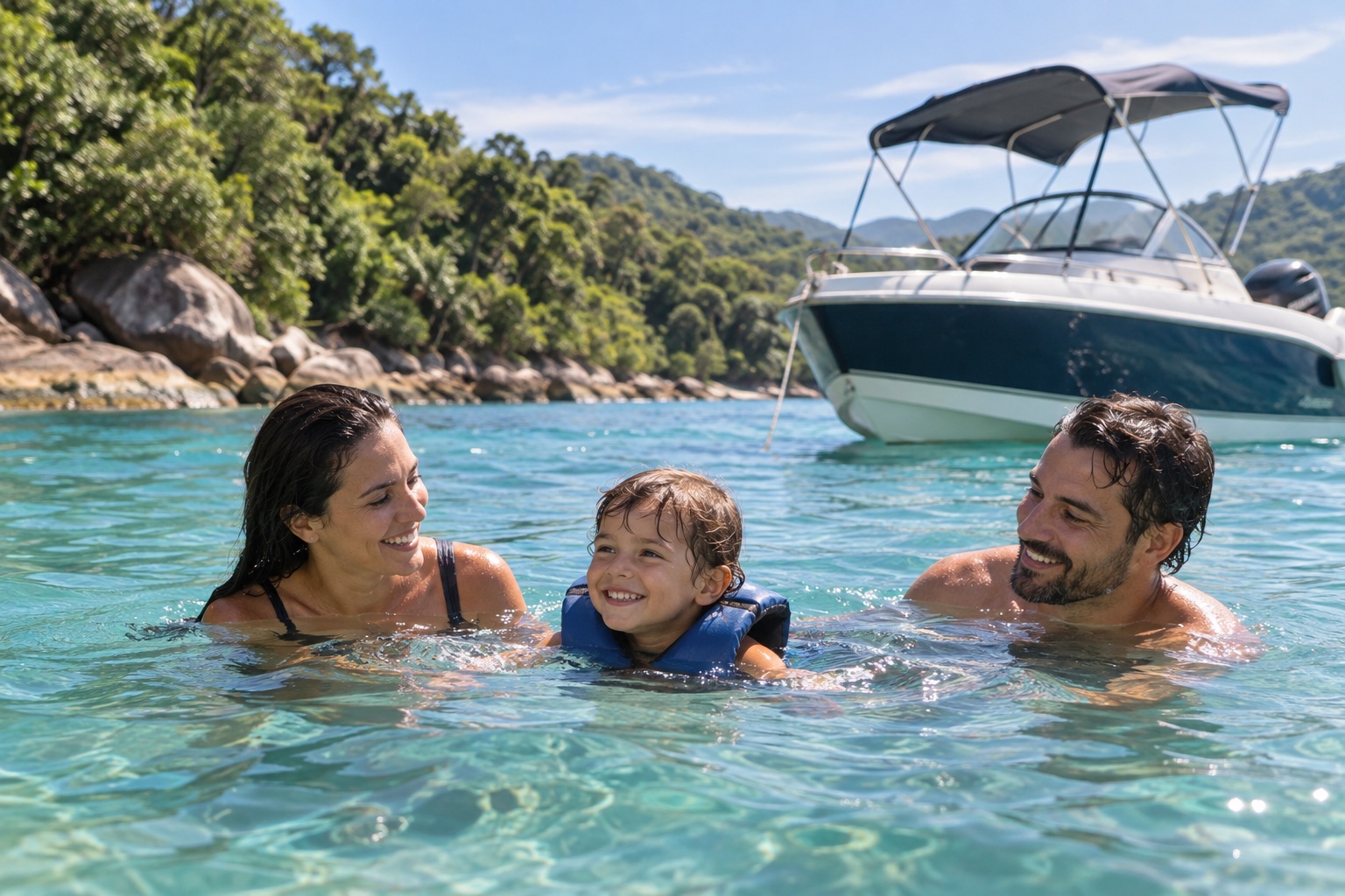 Família nadando perto de uma lancha ancorada, com criança supervisionada.
