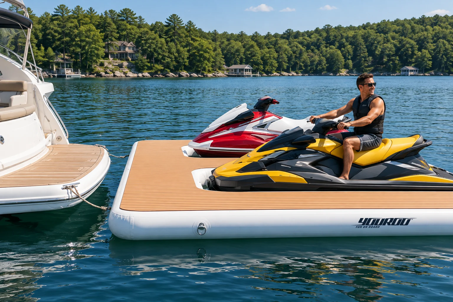 Jet Ski vermelho e amarelo sobre a plataforma Jet Docks YouRoo, com o logo oficial visível na lateral.